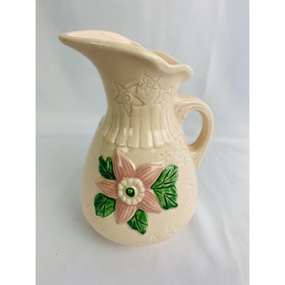 Vintage Made in USA Pottery Creamer Pitcher Pink with pink starflowers 6.5"h - Picture 2 of 9